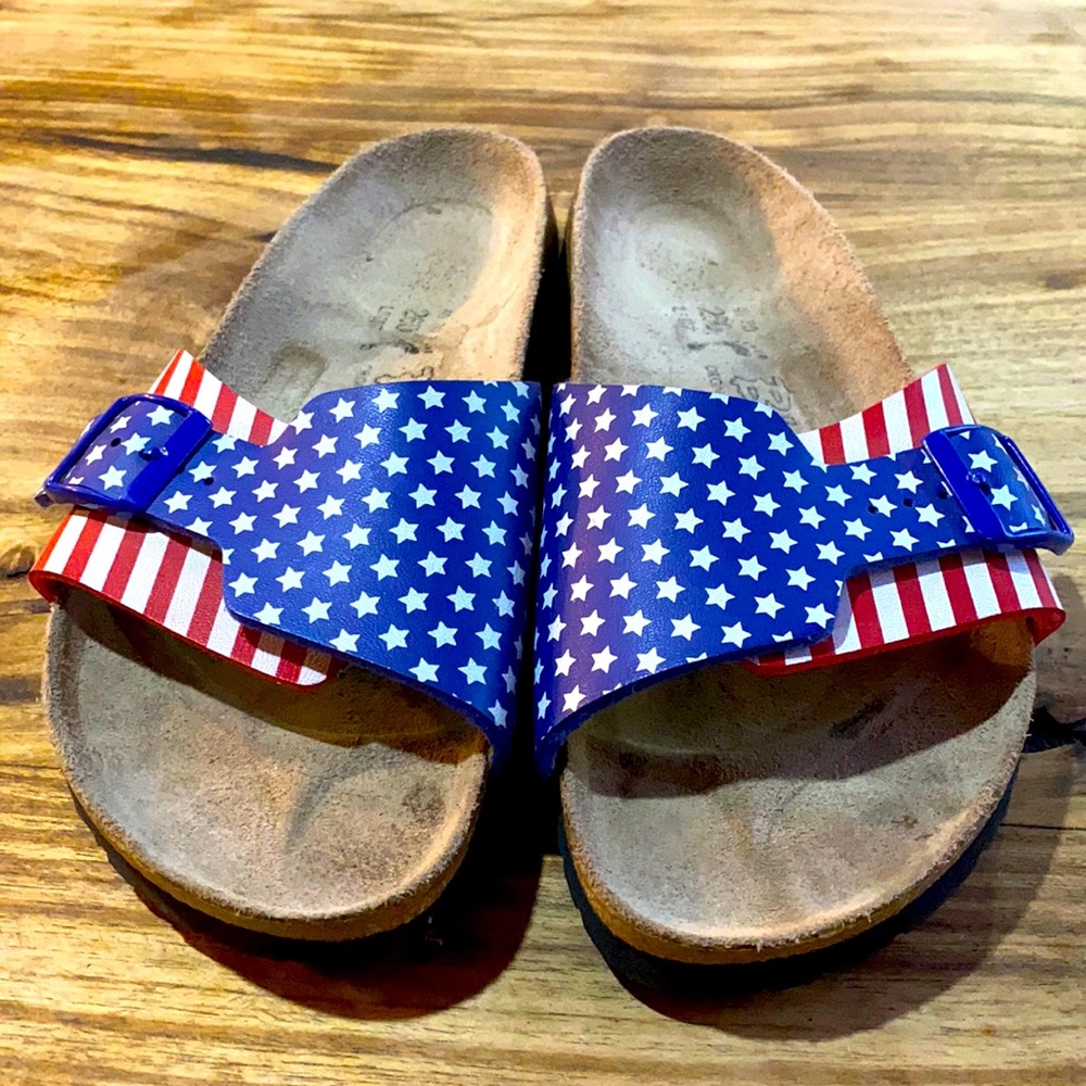 Like new Birkenstock size 40. Red white and blue